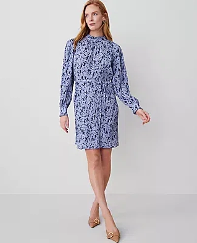 Ann Taylor Floral Plisse Belted Shift Dress In Colony Blue