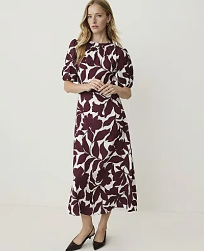 Ann Taylor Floral Puff Sleeve Midi Dress In Purest Plum