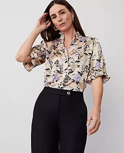 Ann Taylor Floral Ruffle Collar Blouse In Toasted Oat