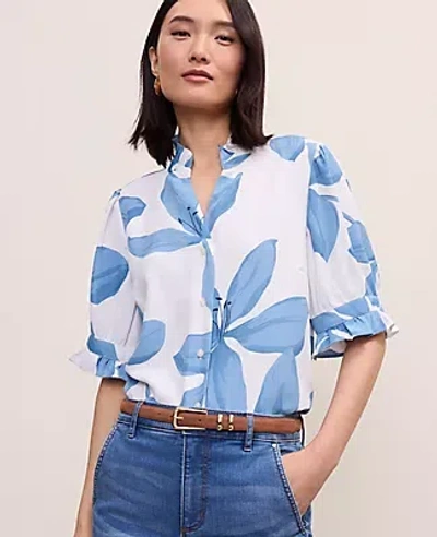 Ann Taylor Floral Ruffle Collar Shirt In Blue