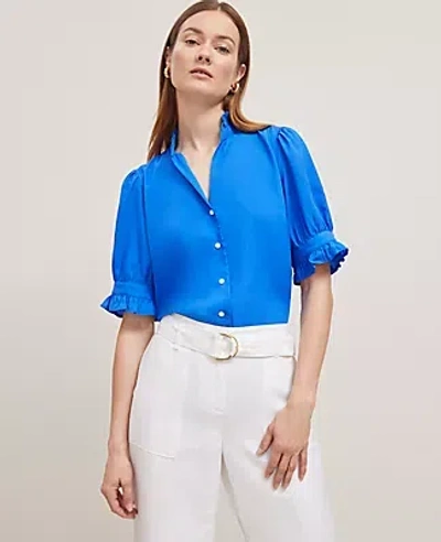 Ann Taylor Floral Ruffle Collar Shirt In Power Blue
