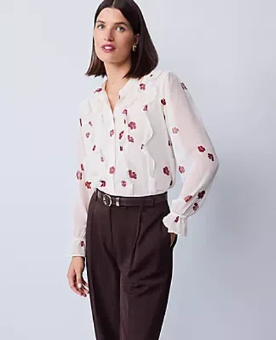 Ann Taylor Floral Ruffle Shirt In White