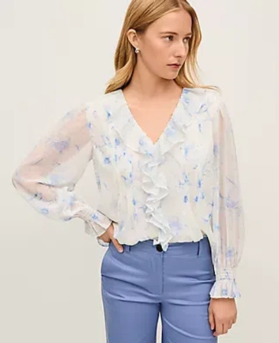 Ann Taylor Floral Ruffle Trim Blouse In Blue