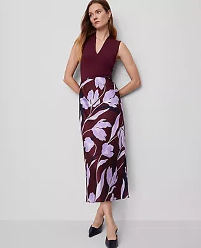 Ann Taylor Floral Satin Bias Slip Skirt In Burgundy