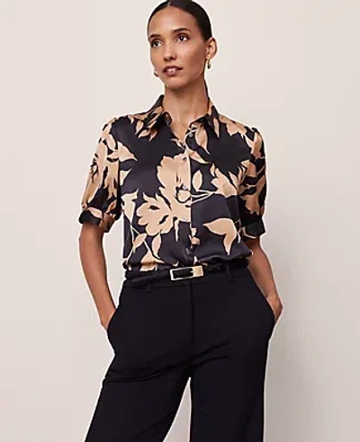 Ann Taylor Floral Satin Blouse In Black