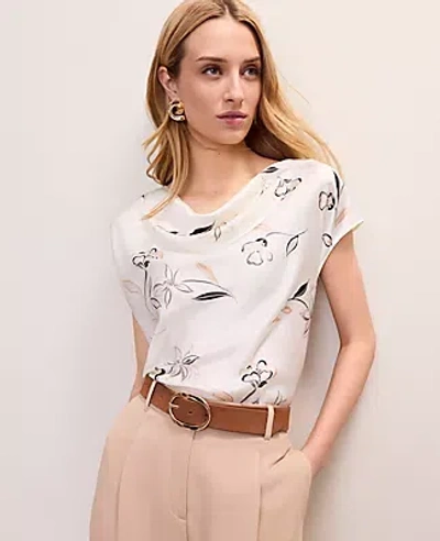 Ann Taylor Floral Satin Cowl Neck Top In White
