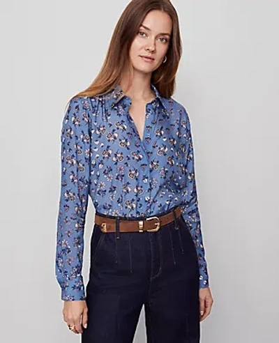 Ann Taylor Floral Satin Essential Shirt In Blue