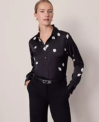 Ann Taylor Floral Satin Essential Shirt In Black
