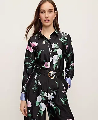 Ann Taylor Floral Satin Essential Shirt In Black