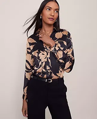Ann Taylor Floral Satin Essential Shirt In Brown