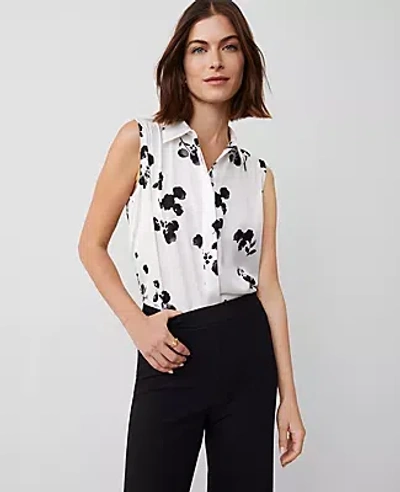 Ann Taylor Floral Satin Shirred Yoke Sleeveless Shirt In Winter White- Black