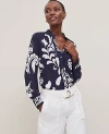 Ann Taylor Floral Scalloped Mixed Media Top In Night Sky