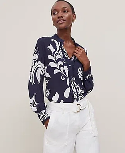 Ann Taylor Floral Scalloped Mixed Media Top In Night Sky