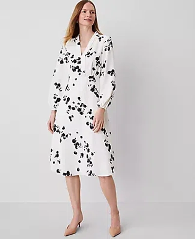 Ann Taylor Floral Shawl Collar Flare Dress In Winter White- Black