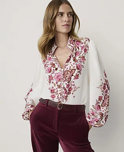Ann Taylor Floral Shirred Mock Neck Blouse In White