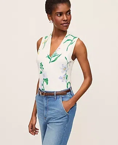 Ann Taylor Floral Sleeveless V-neck Top In White