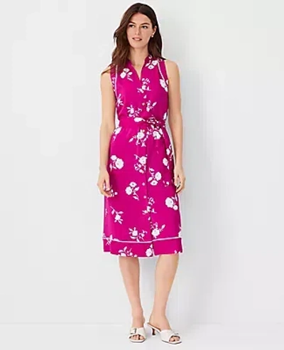 Ann Taylor Floral Split Neck Midi Shirtdress In Magenta Shadow