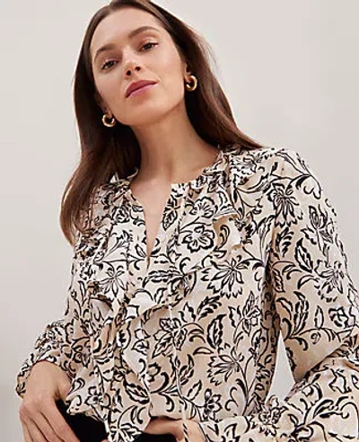 Ann Taylor Floral Tie Neck Ruffle Popover Top In Sands Edge
