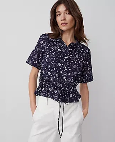 Ann Taylor Floral Tie-waist Peplum Shirt In Night Sky