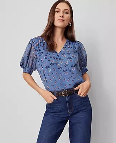 Ann Taylor Floral V-neck Popover Top In Blue