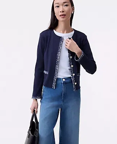 Ann Taylor Fringe Trim Knit Jacket In Blue