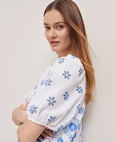 Ann Taylor Geo Embroidered Boatneck Popover Top In Blue
