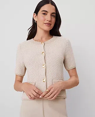 Ann Taylor Geo Stitch Short-sleeve Cardigan In Tan/white