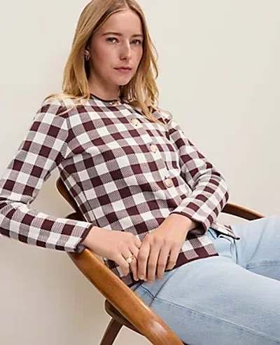Ann Taylor Gingham Jacquard Sweater Jacket In Brown