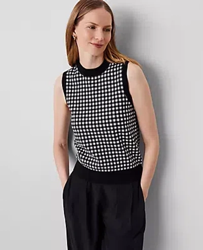 Ann Taylor Gingham Mock Neck Sweater Shell Top In Black/white Combo
