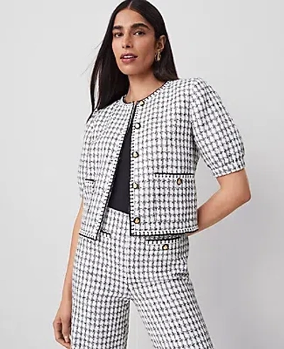 Ann Taylor Gingham Tweed Puff Sleeve Jacket In White/black Multi