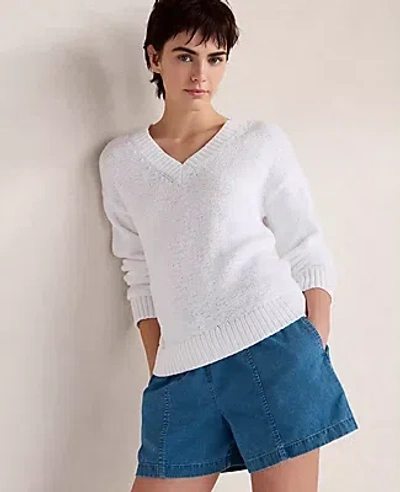 Ann Taylor Haven Well Within Cotton Blend Tape Yarn V-neck Sweater In White