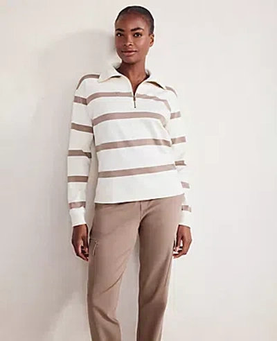 Ann Taylor Haven Well Within Organic Cotton Interlock Striped Quarter Zip In Ivory