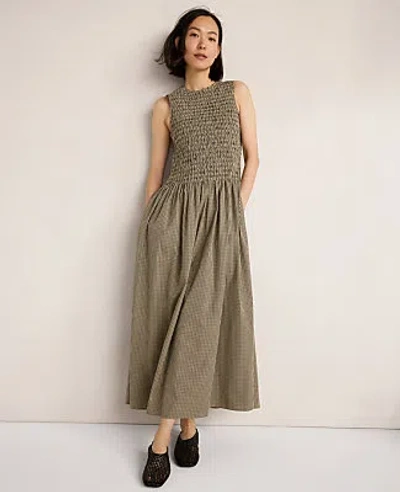 Ann Taylor Haven Well Within Organic Cotton Poplin Smocked Gingham Midi Dress In Night Navy