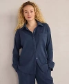 Ann Taylor Haven Well Within Organic Cotton Rib Knit Relaxed Button Down Top In Blue
