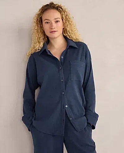 Ann Taylor Haven Well Within Organic Cotton Rib Knit Relaxed Button Down Top In Blue