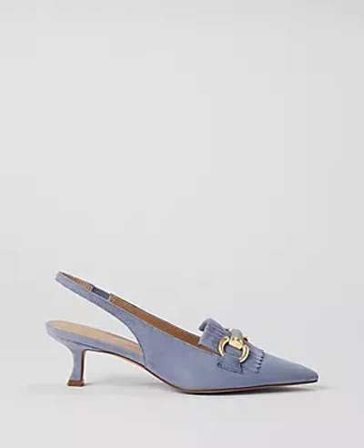 Ann Taylor Horsebit Fringe Suede Kitten Heels In Dusty Blue