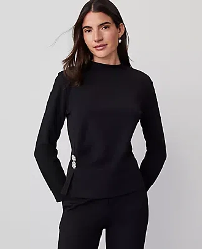 Ann Taylor Jewel Button Waist Mock Neck Top In Black