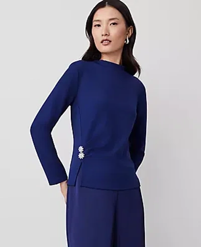 Ann Taylor Jewel Button Waist Mock Neck Top In Dark Deep Ocean