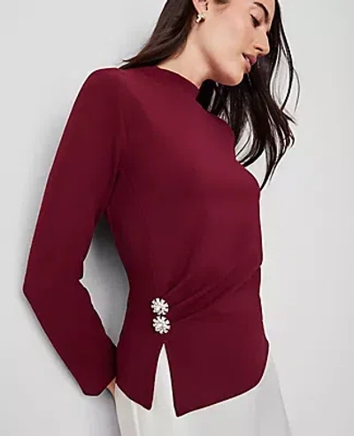 Ann Taylor Jewel Button Waist Mock Neck Top In Rich Mulberry