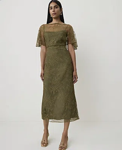 Ann Taylor Lace Flutter Sleeve Midi Dress In Olive Sprig
