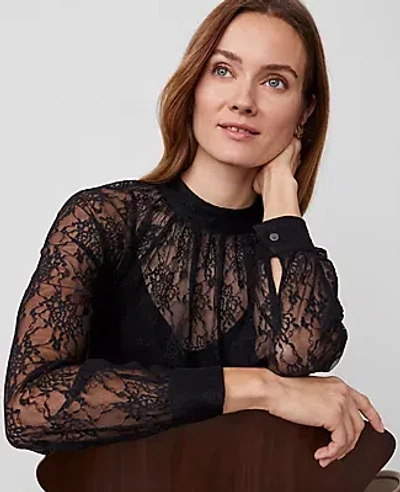 Ann Taylor Lace Mock Neck Blouse In Black