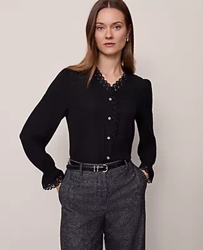 Ann Taylor Lace Ruffle Trim Blouse In Black
