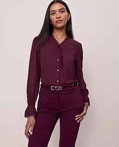 Ann Taylor Lace Ruffle Trim Blouse In Brown