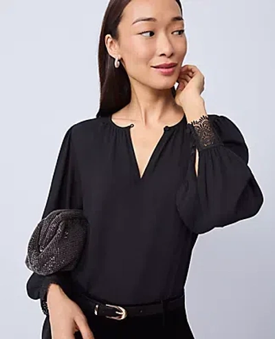 Ann Taylor Lace Trim Mixed Media Blouse In Black