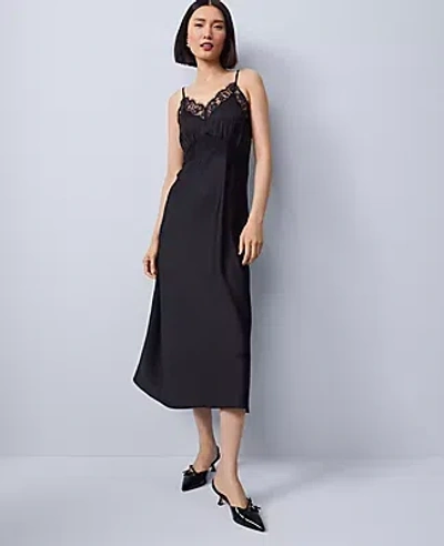 Ann Taylor Lace Trim Satin Slip Midi Dress In Black
