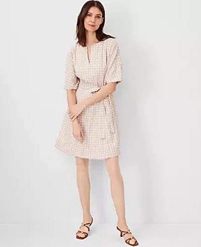 Ann Taylor Lattice Linen Blend Split Neck Flare Dress In Baguette