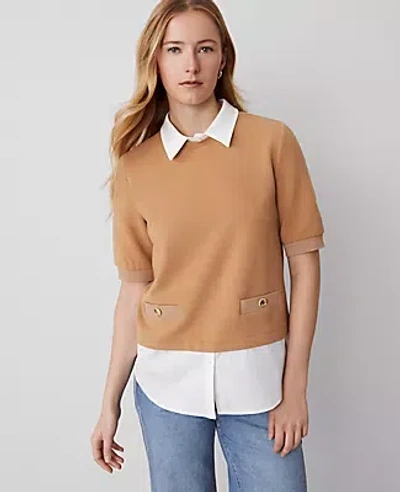 Ann Taylor Layered Mixed Media Top In Perfect Camel