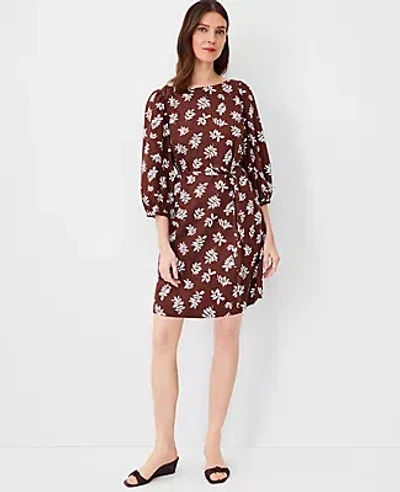 Ann Taylor Leafed Linen Blend Puff Sleeve Shift Dress In Brown Stone