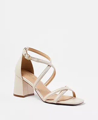 Ann Taylor Leather Cross Strap Block Heel Sandals In Pearl Shadow