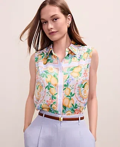 Ann Taylor Lemon Print Shirred Yoke Sleeveless Shirt In Multi
